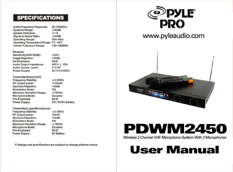 First page image of the manual for PylePro PDWM2450
