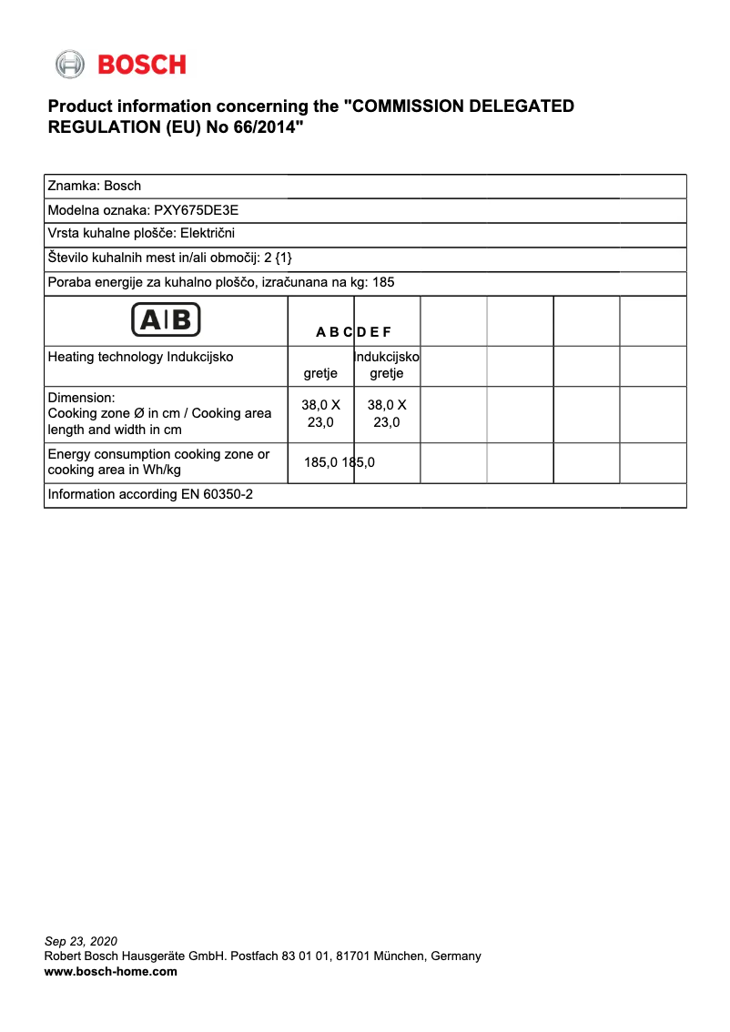 Page 1 of the manual Technical Sheet Bosch PXY675DE3E