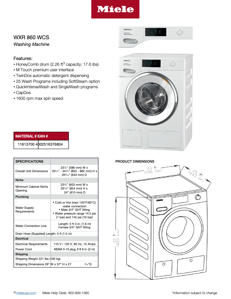 Page 1 of the manual Technical Sheet Miele WXR 860 WCS