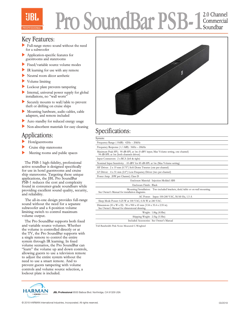 Page 1 of the manual Technical Sheet JBL PSB-1
