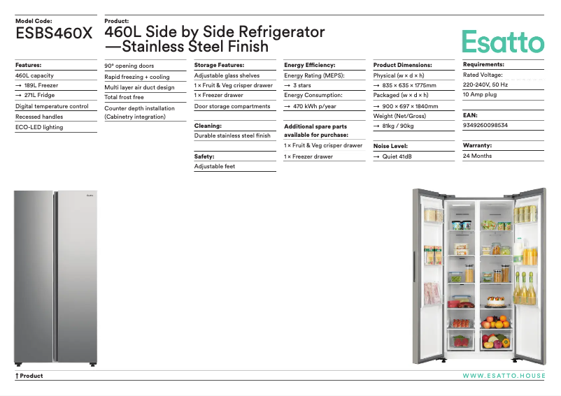 Page 1 of the manual Technical Sheet Esatto ESBS460X