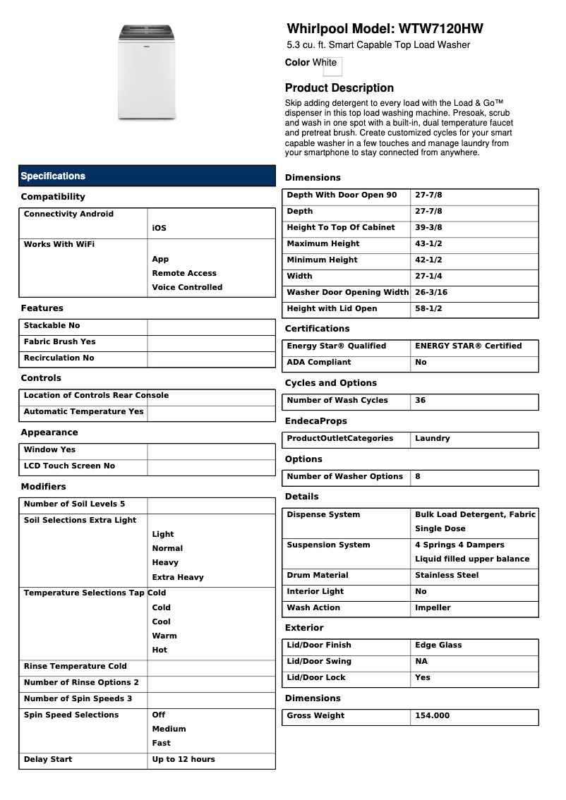 Page 1 of the manual Technical Sheet Whirlpool WTW8120HW