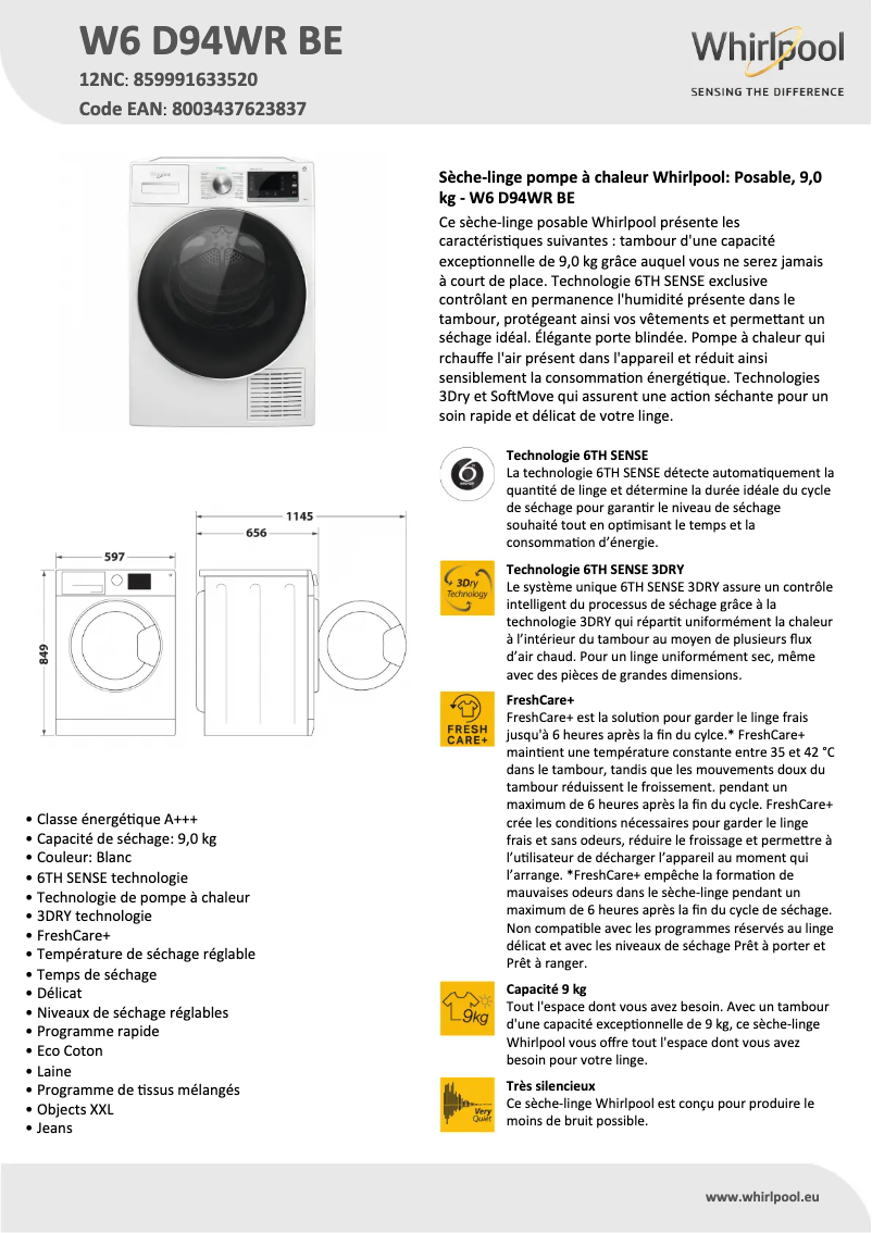 Page 1 of the manual Technical Sheet Whirlpool W6 D94WR BE