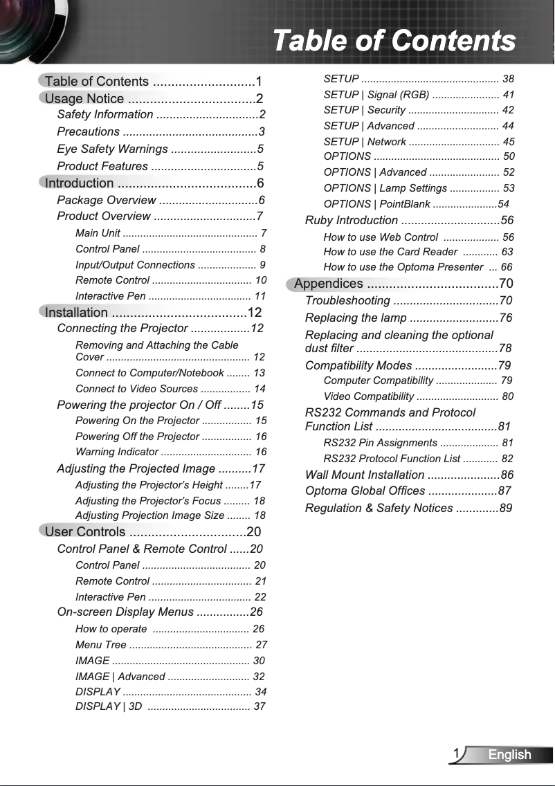 Page 1 of the manual User Manual Optoma TW675UST-3D