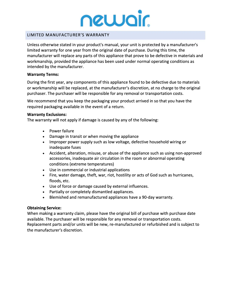 Page 1 of the manual User Manual NewAir AWC-330E