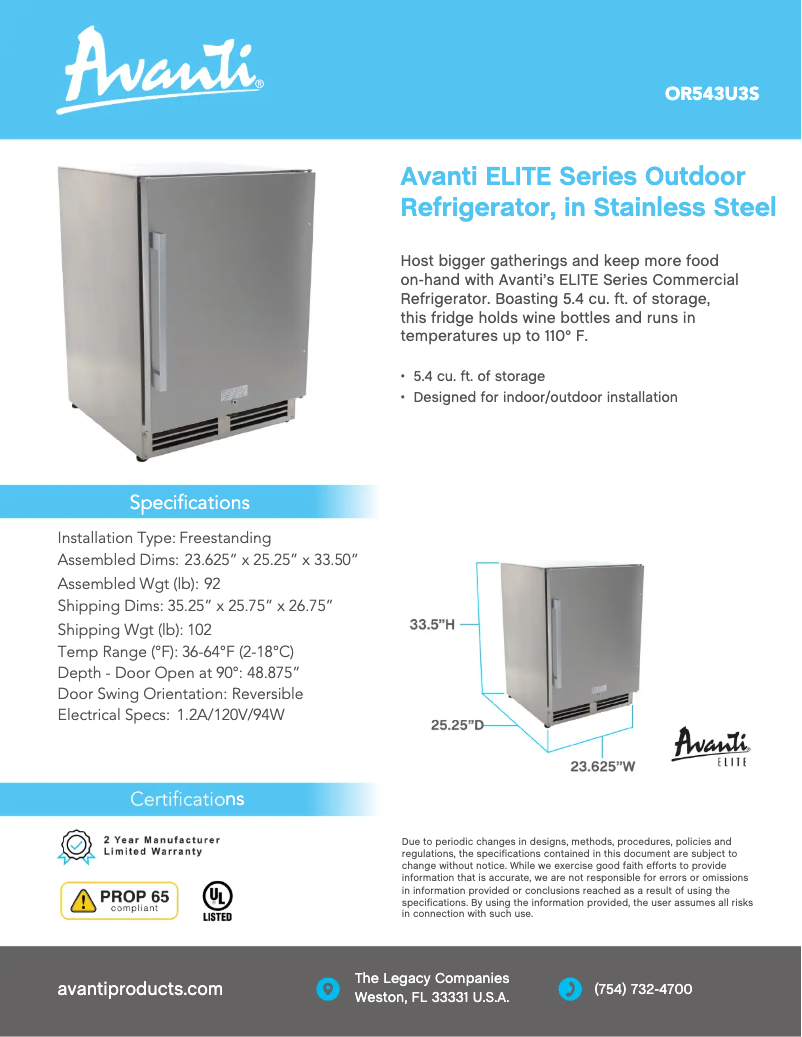 Page 1 of the manual Technical Sheet Avanti OR543U3S