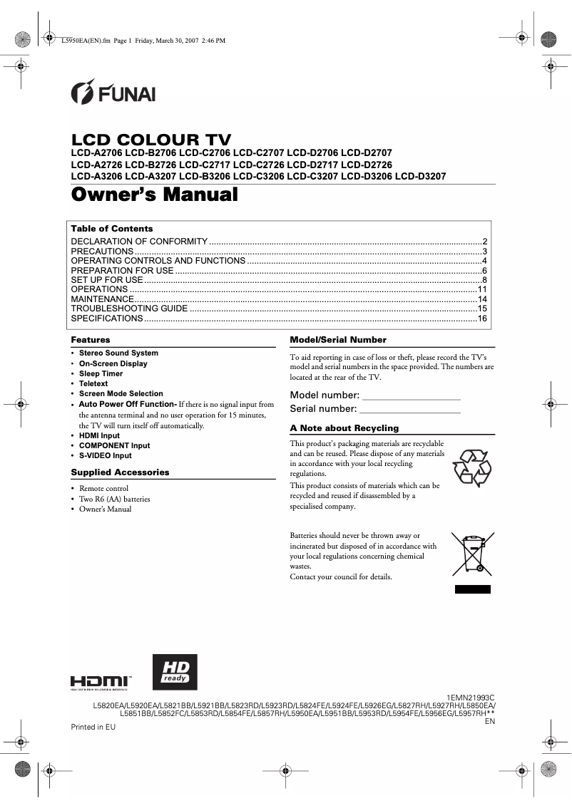Page 1 of the manual User Manual Funai LCD-D3207