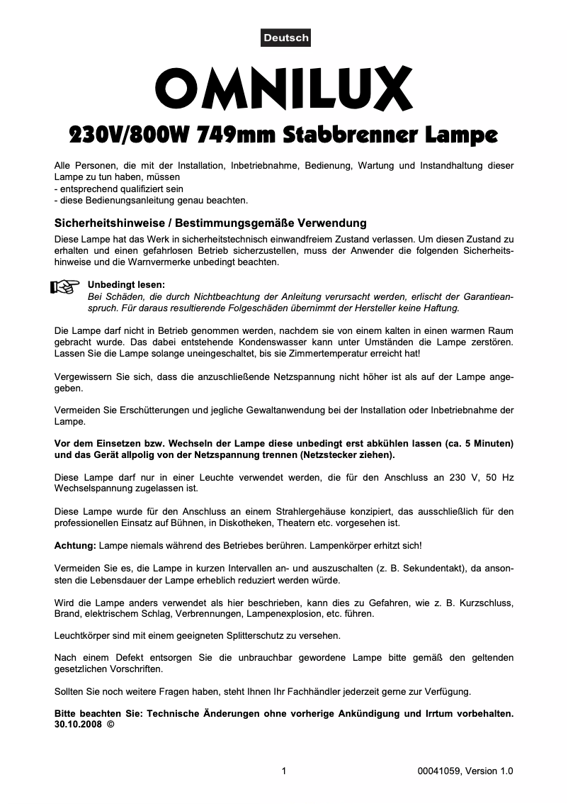 Page 1 of the manual User Manual Omnilux DXX 230V/800W