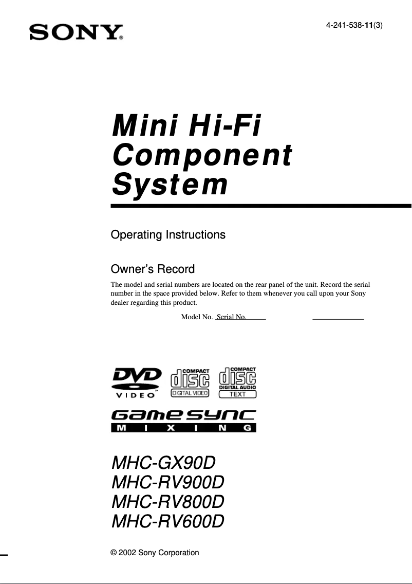 Page 1 of the manual User Manual Sony MHC-GX90D