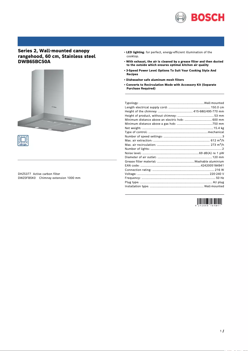 Page 1 of the manual Technical Sheet Bosch DWB65BC50A