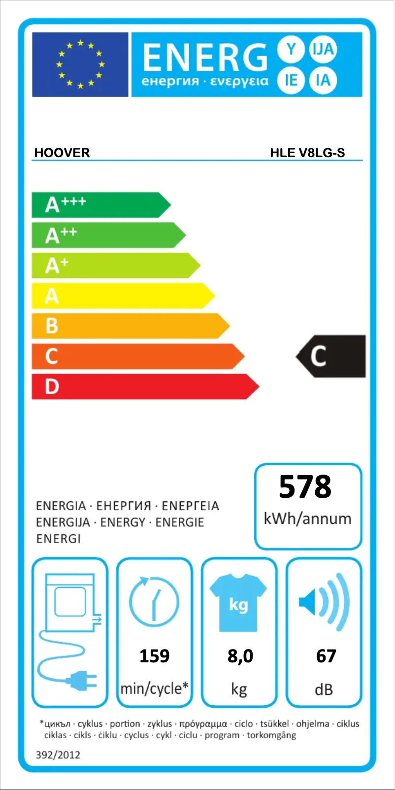 Page 1 of the manual Energy Label Hoover HLE V8LG-S