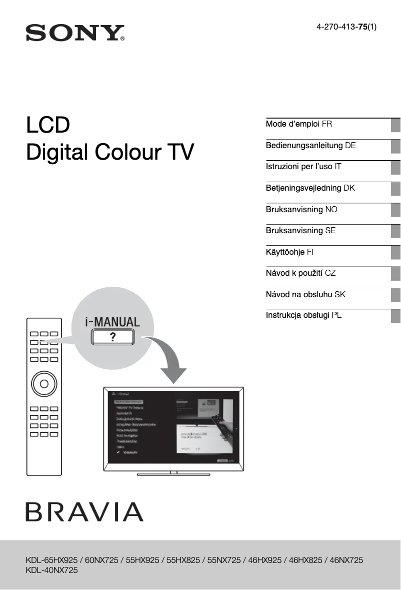 First page image of the manual for Bravia KDL-40NX725