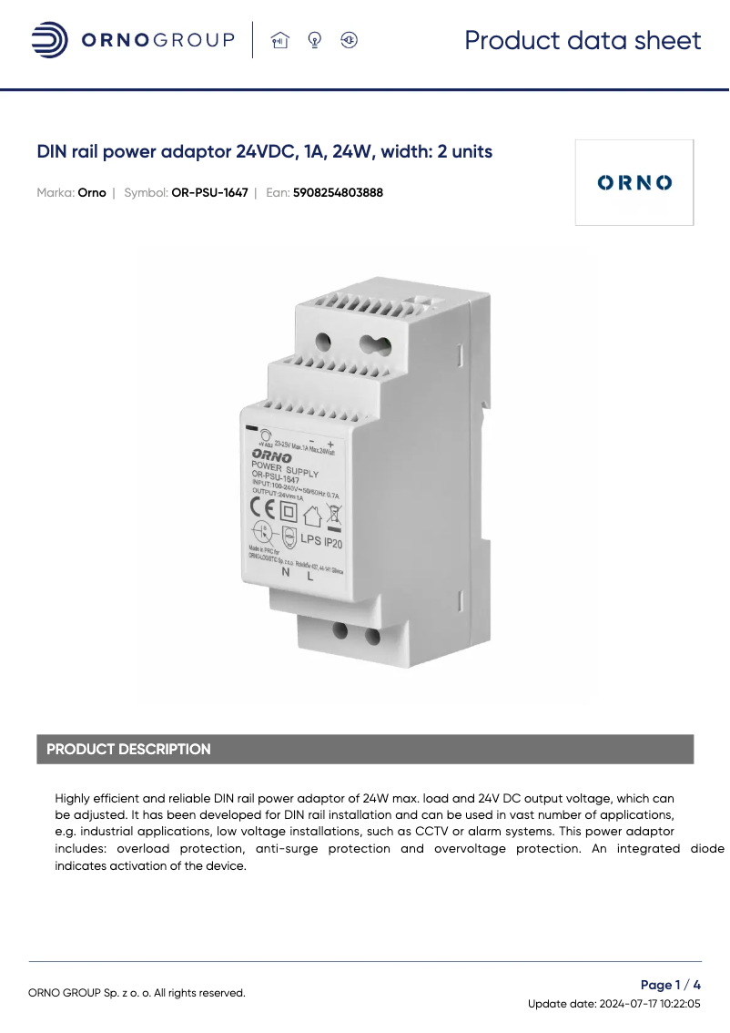 Page 1 de la notice Fiche technique ORNO OR-PSU-1647