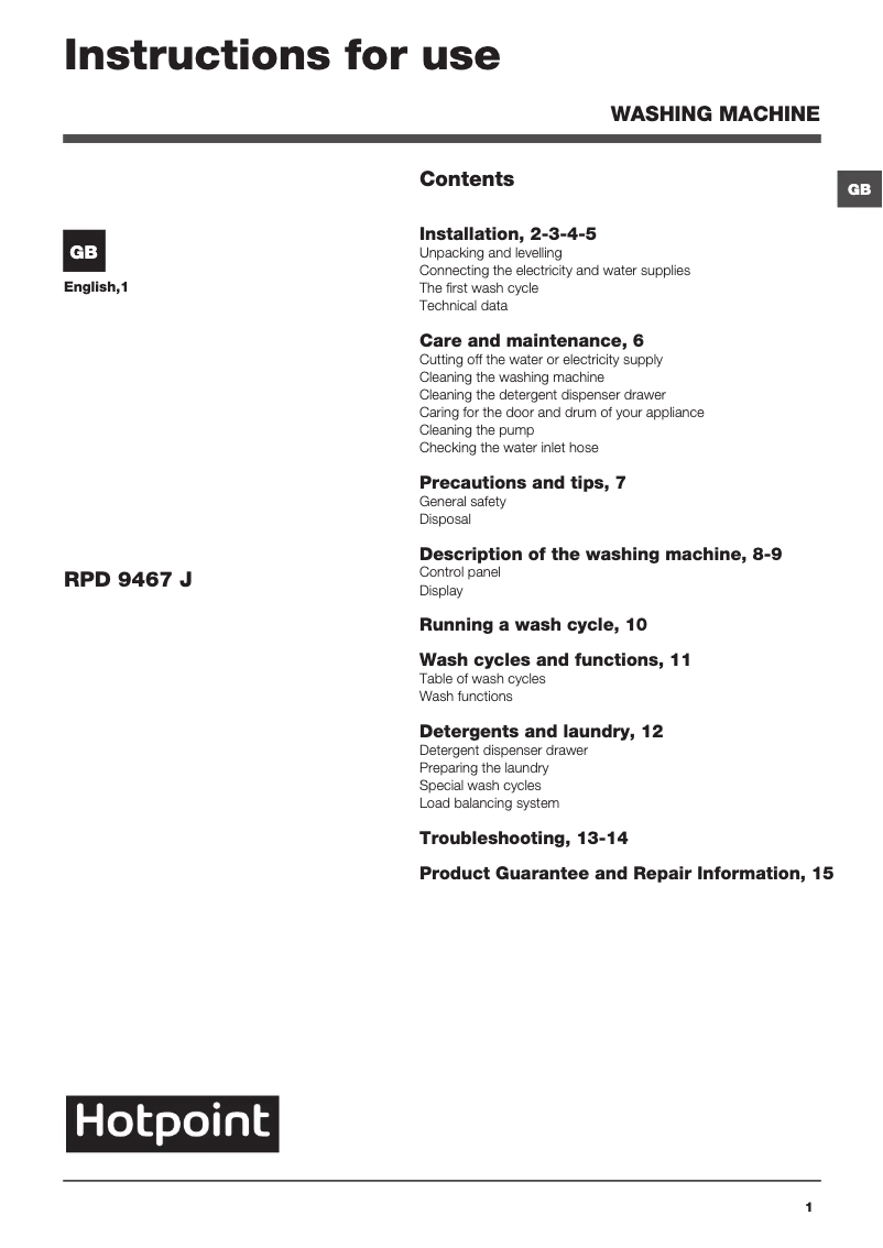First page image of the manual for RPD 9467 JSW UK