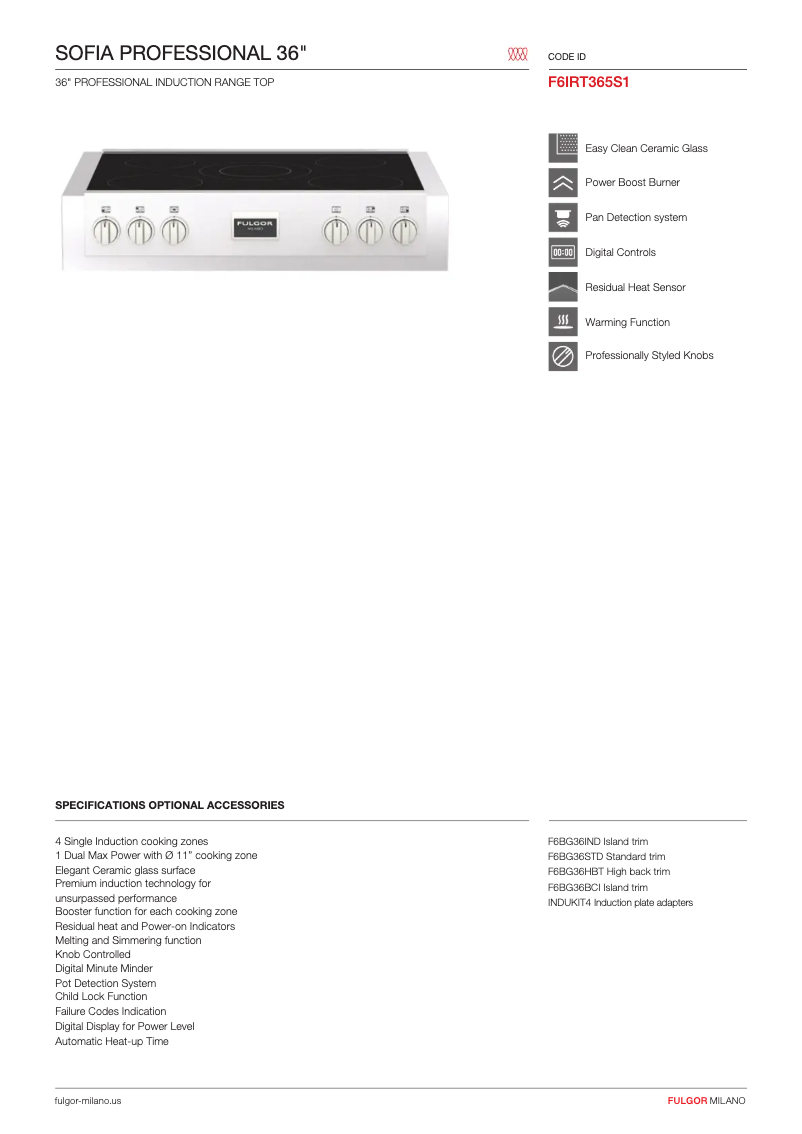 Page 1 of the manual Technical Sheet Fulgor Milano F6IRT365S1