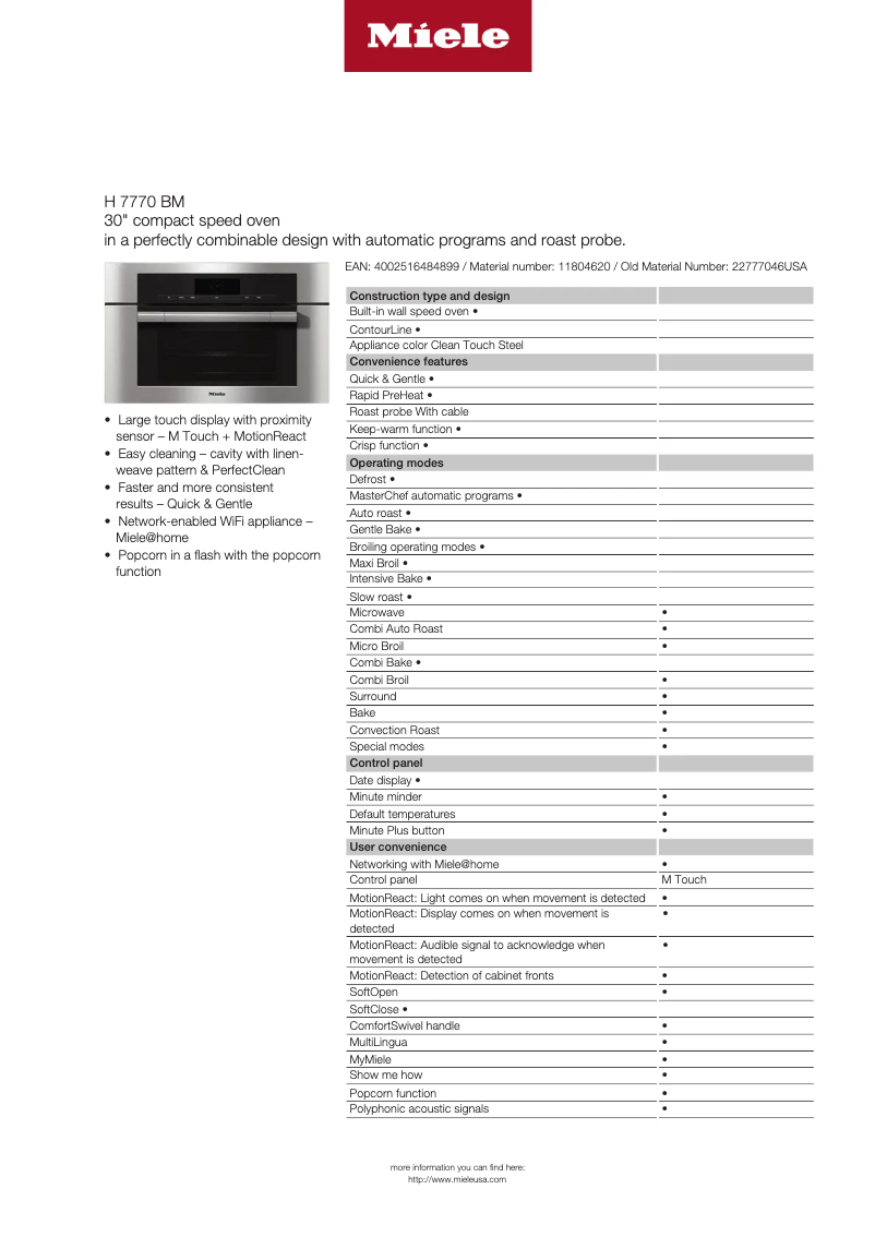 Page 1 of the manual Technical Sheet Miele H 7770 BM