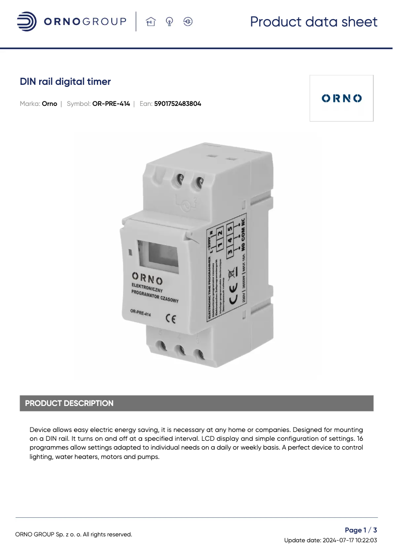 Page 1 of the manual Technical Sheet ORNO OR-PRE-414