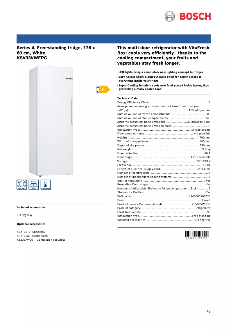 Page 1 of the manual Technical Sheet Bosch KSV33VWEPG