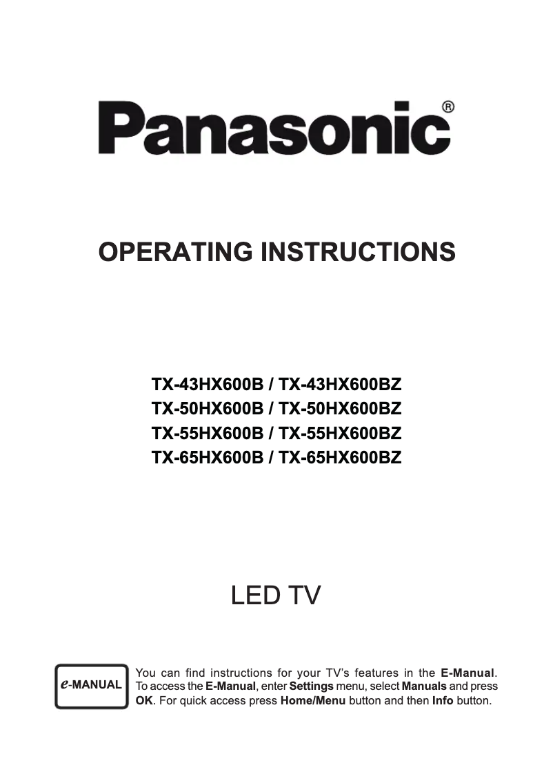 First page image of the manual for TX-65HX600B