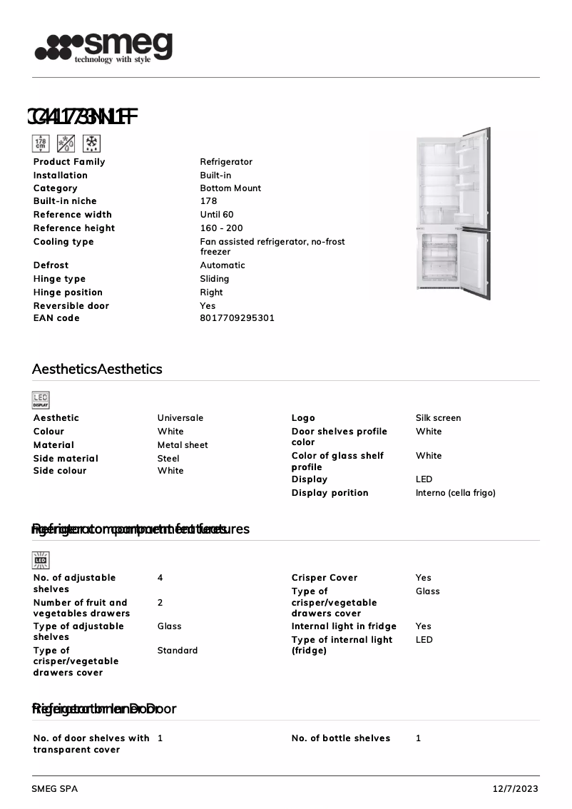 Page 1 of the manual Technical Sheet Smeg C4173N1F