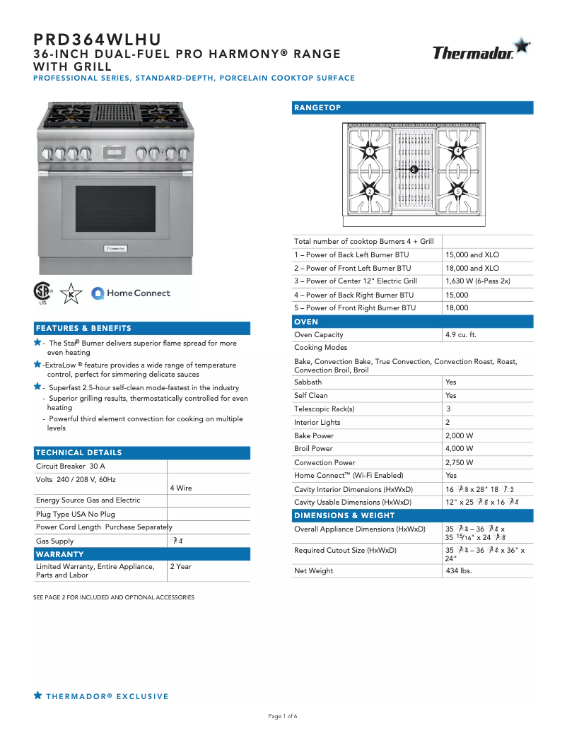 Page 1 of the manual Technical Sheet Thermador PRD364WLHU