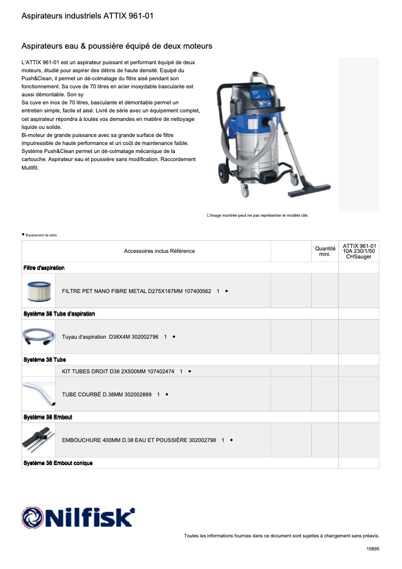 Page 1 of the manual Technical Sheet Nilfisk ATTIX 961-01
