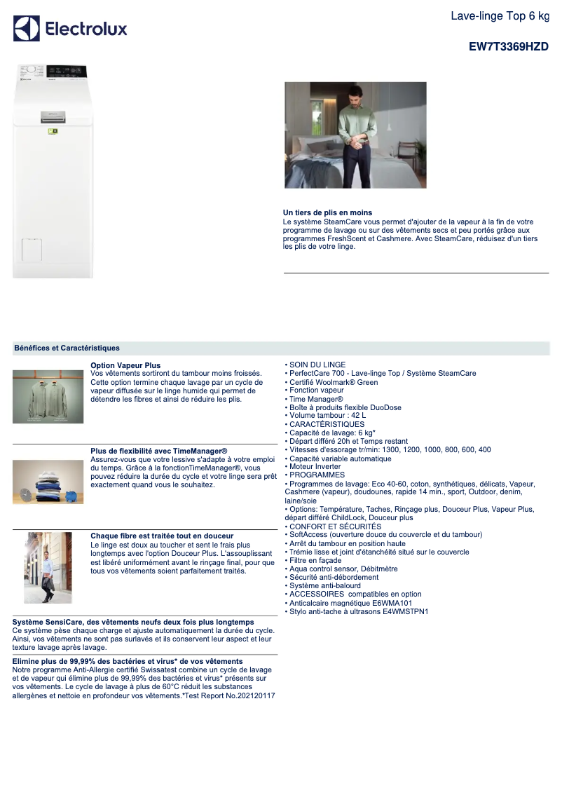Page 1 of the manual Technical Sheet Electrolux EW7T3369HZD