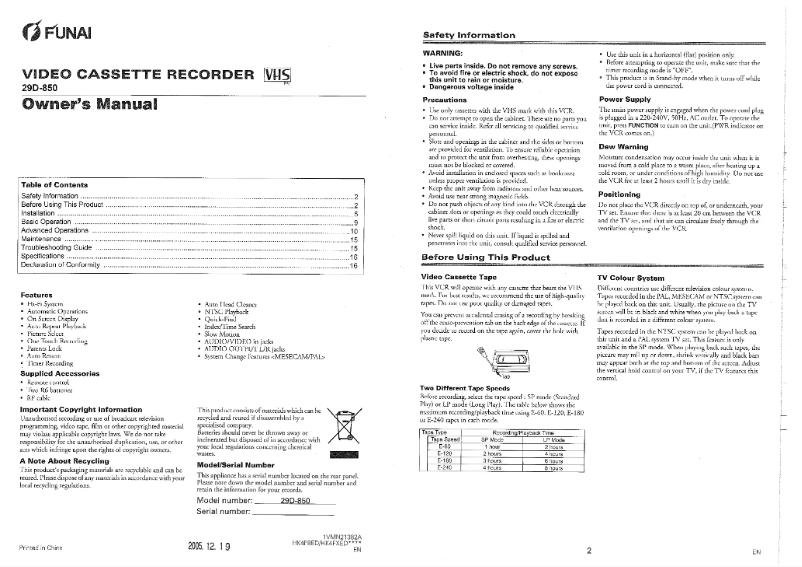 Page 1 of the manual User Manual Funai 29D850