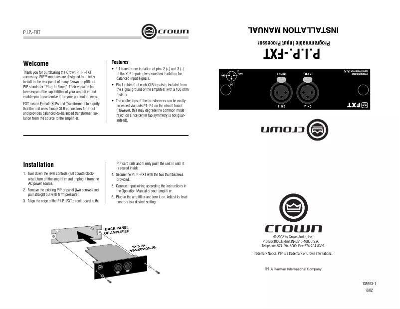 First page image of the manual for P.I.P.-FXT