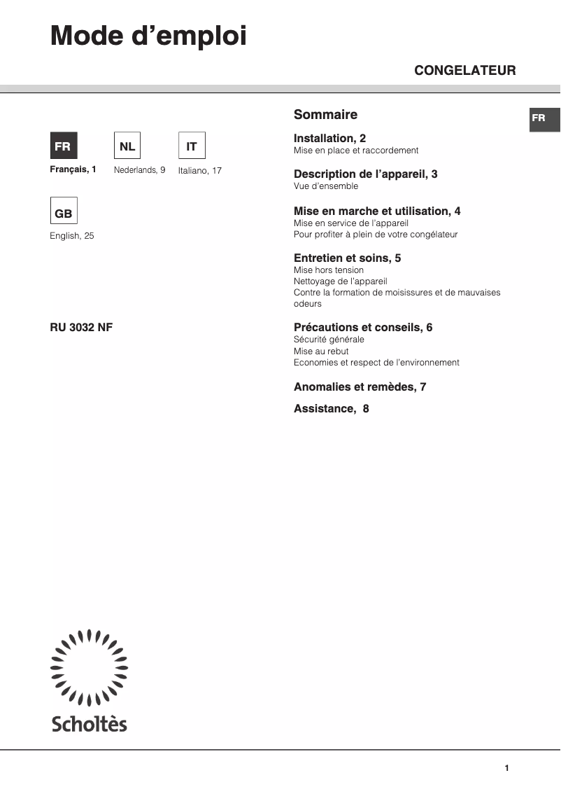 Page 1 of the manual User Manual Scholtès RU 3032 NF