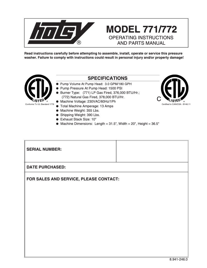 First page image of the manual for 772