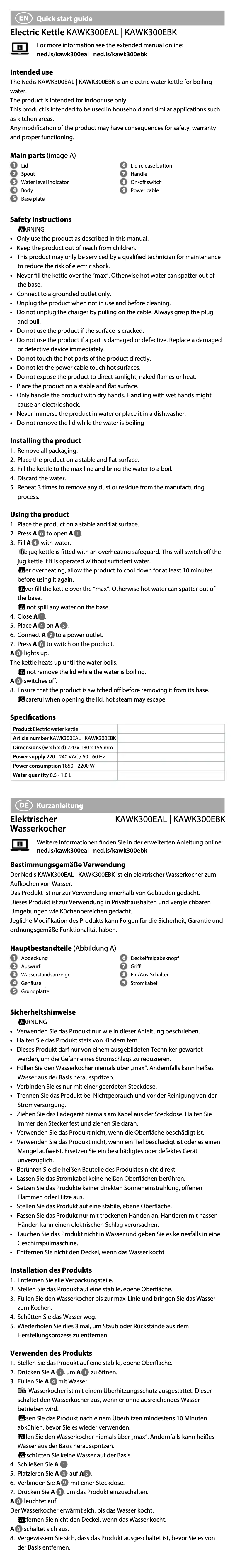 First page image of the manual for KAWK300EBK