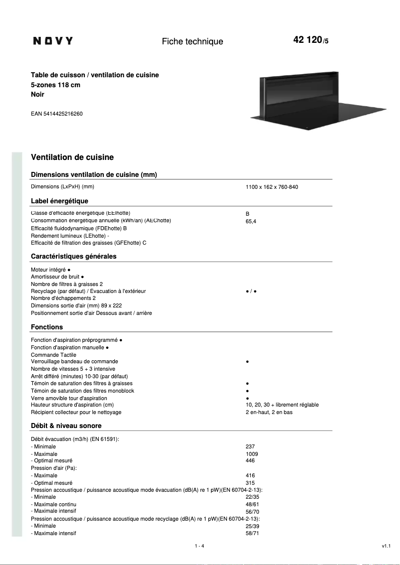 Page 1 of the manual Technical Sheet Novy Panorama 120 Pro 42120