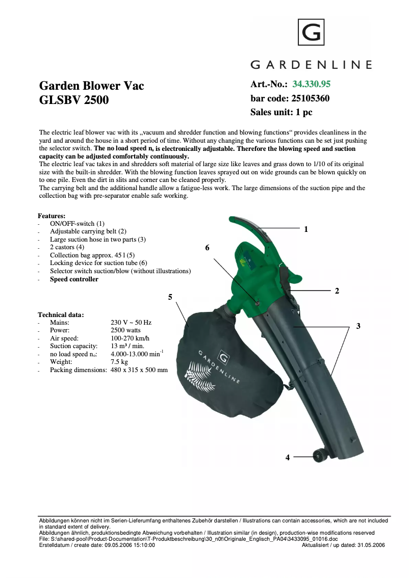 Page 1 of the manual Technical Sheet Gardenline GLSBV 2500