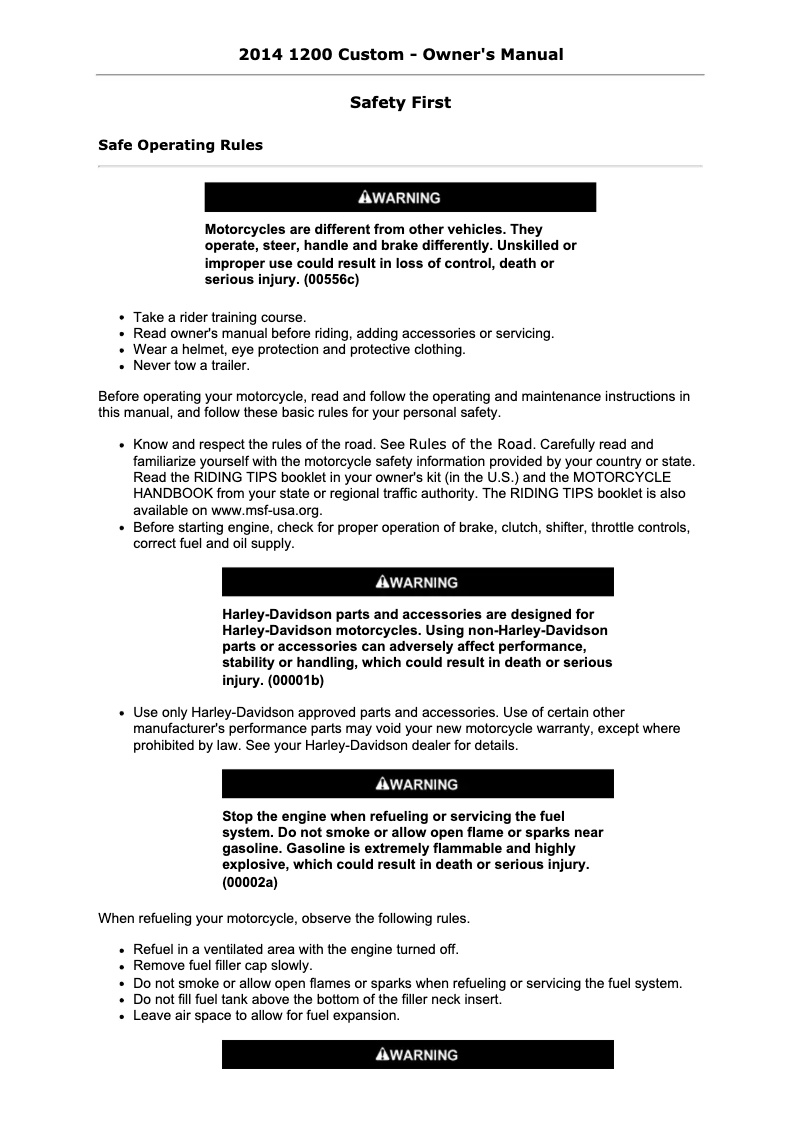 First page image of the manual for 1200 Custom (2014)