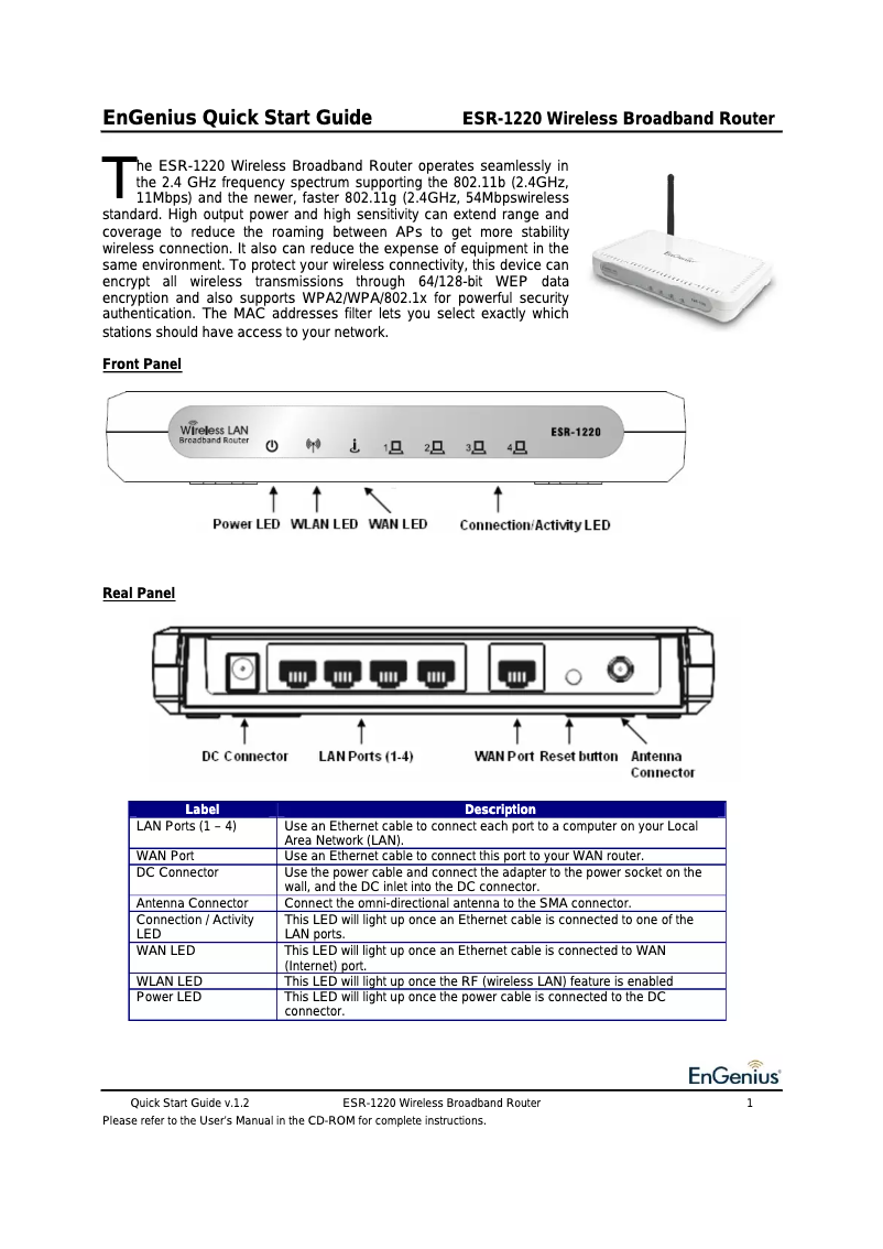 First page image of the manual for ESR-1220