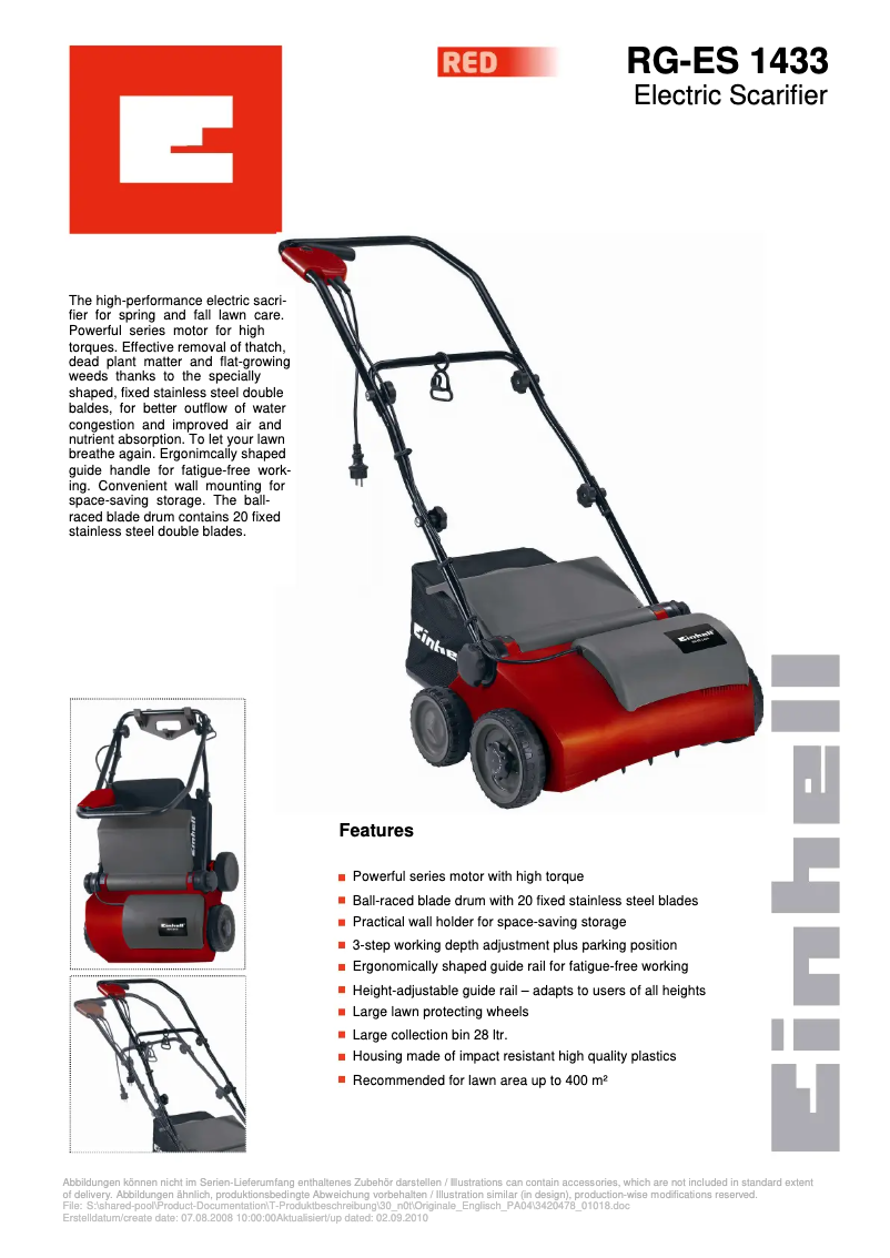 Page 1 of the manual Technical Sheet Einhell RG-ES 1433