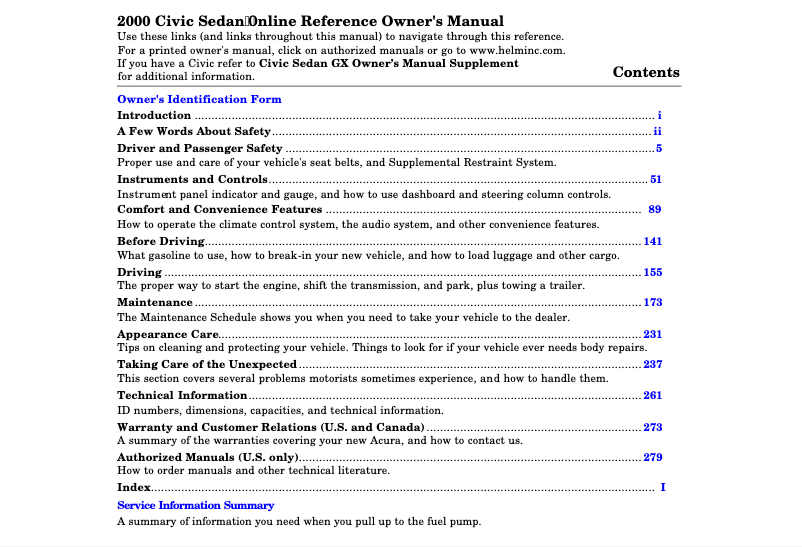 Page 1 of the manual User Manual Honda Civic Hatchback (2000)