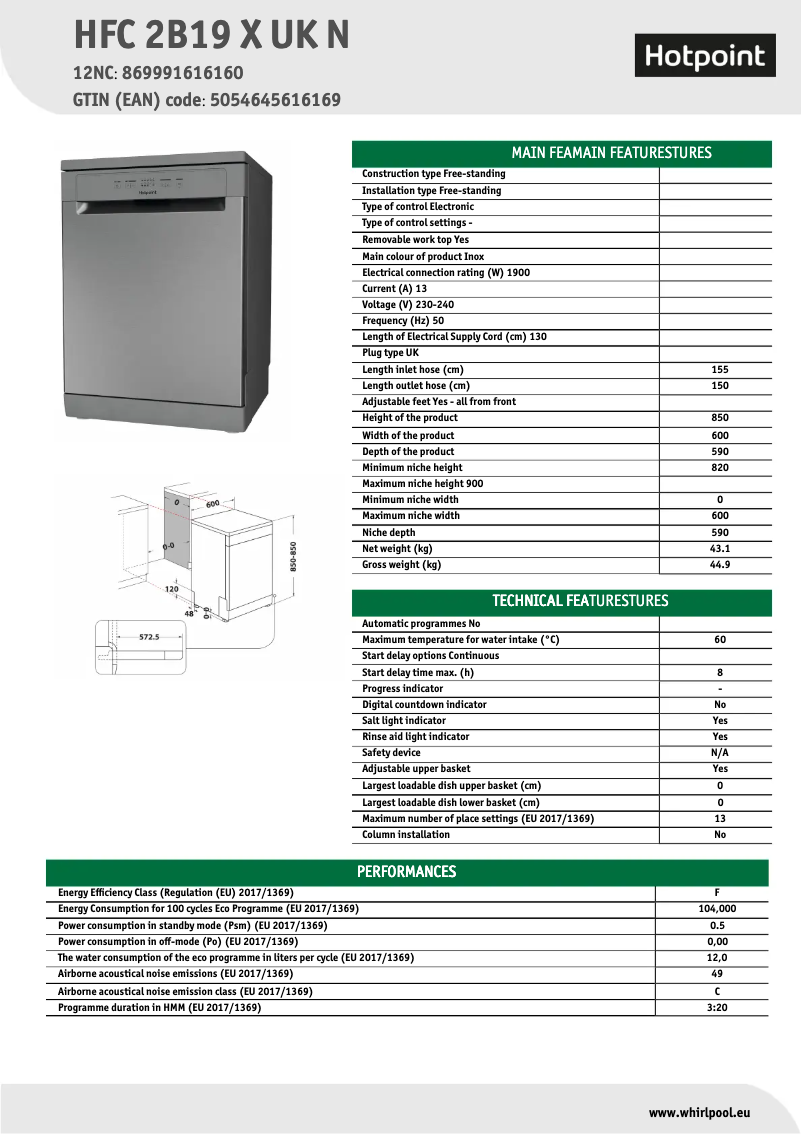 Page 1 of the manual Technical Sheet Hotpoint HFC 2B19 X UK N