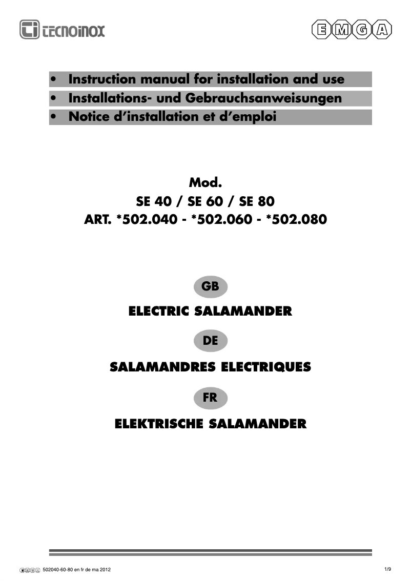 Page 1 of the manual User Manual Tecnoinox SE 60