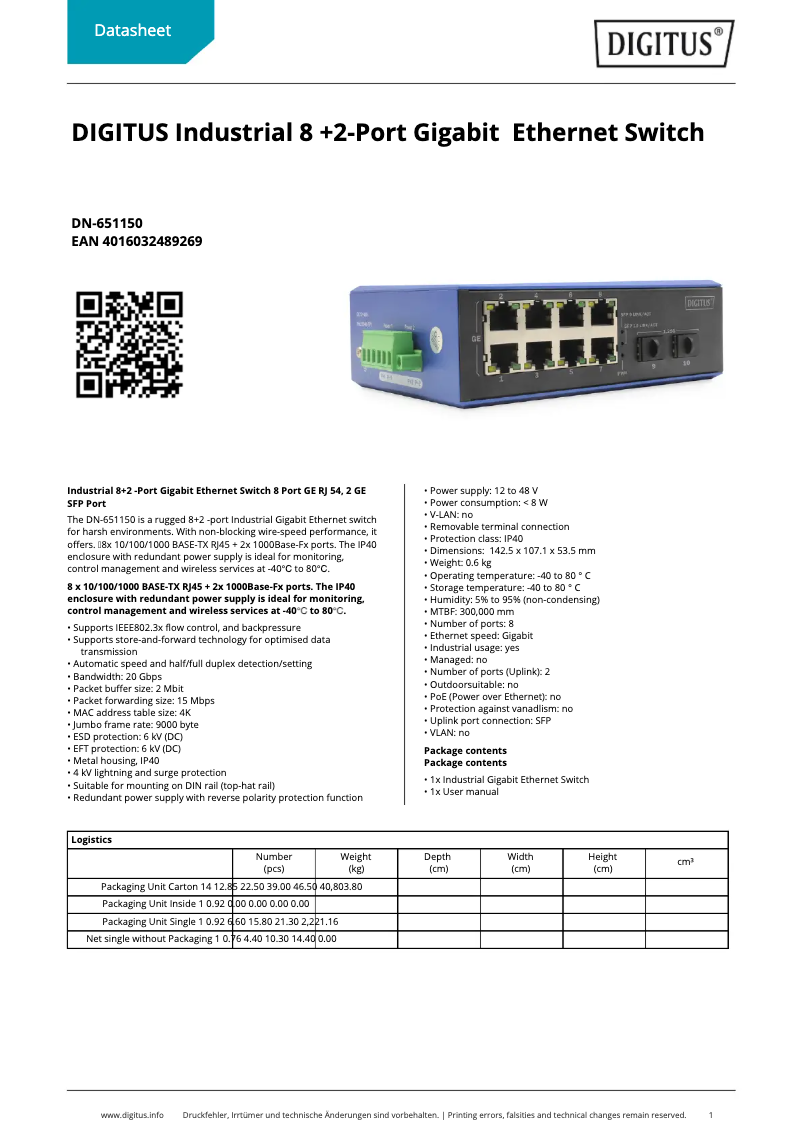Page 1 of the manual Technical Sheet Digitus DN-651150