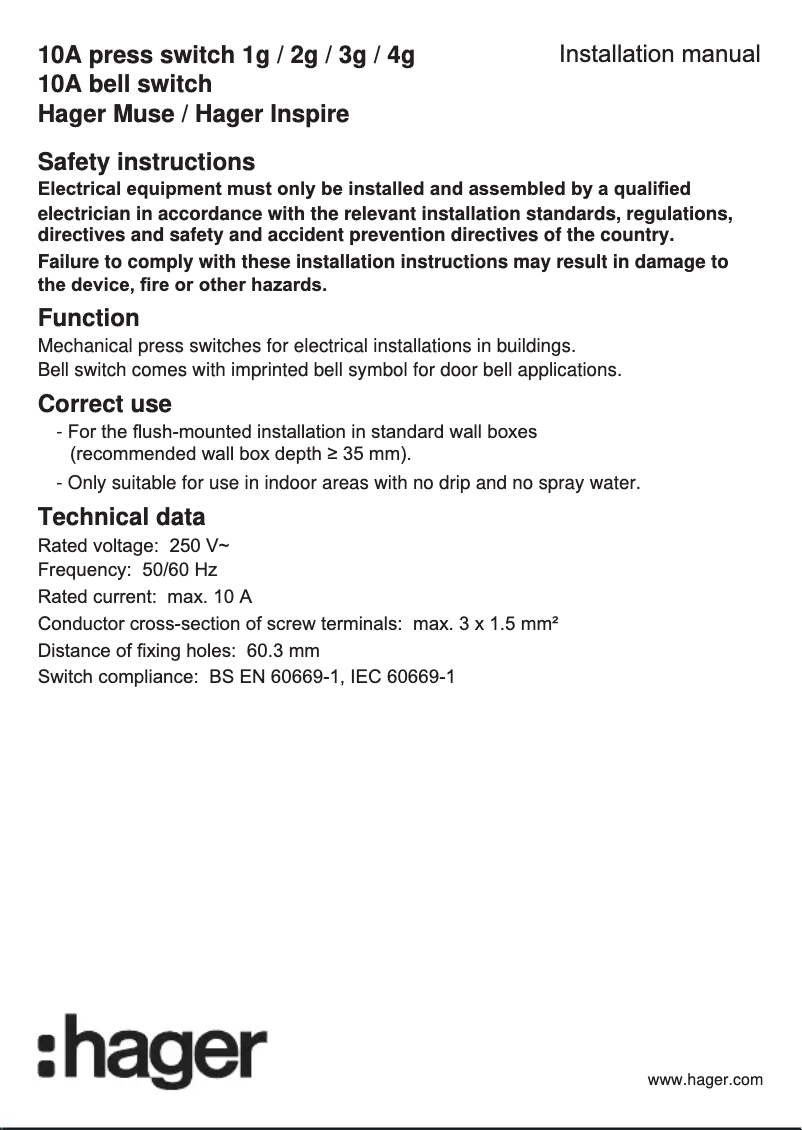 Page 1 of the manual User Manual Hager WGCL131P