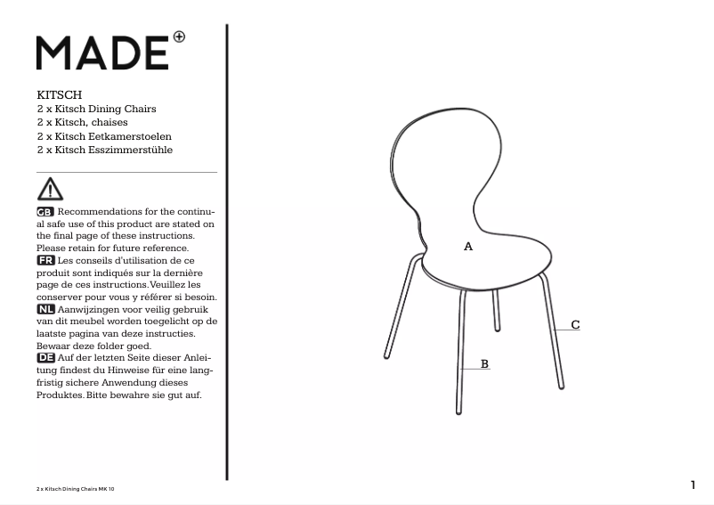 Page 1 of the manual User Manual MADE Kitsch Stuhl