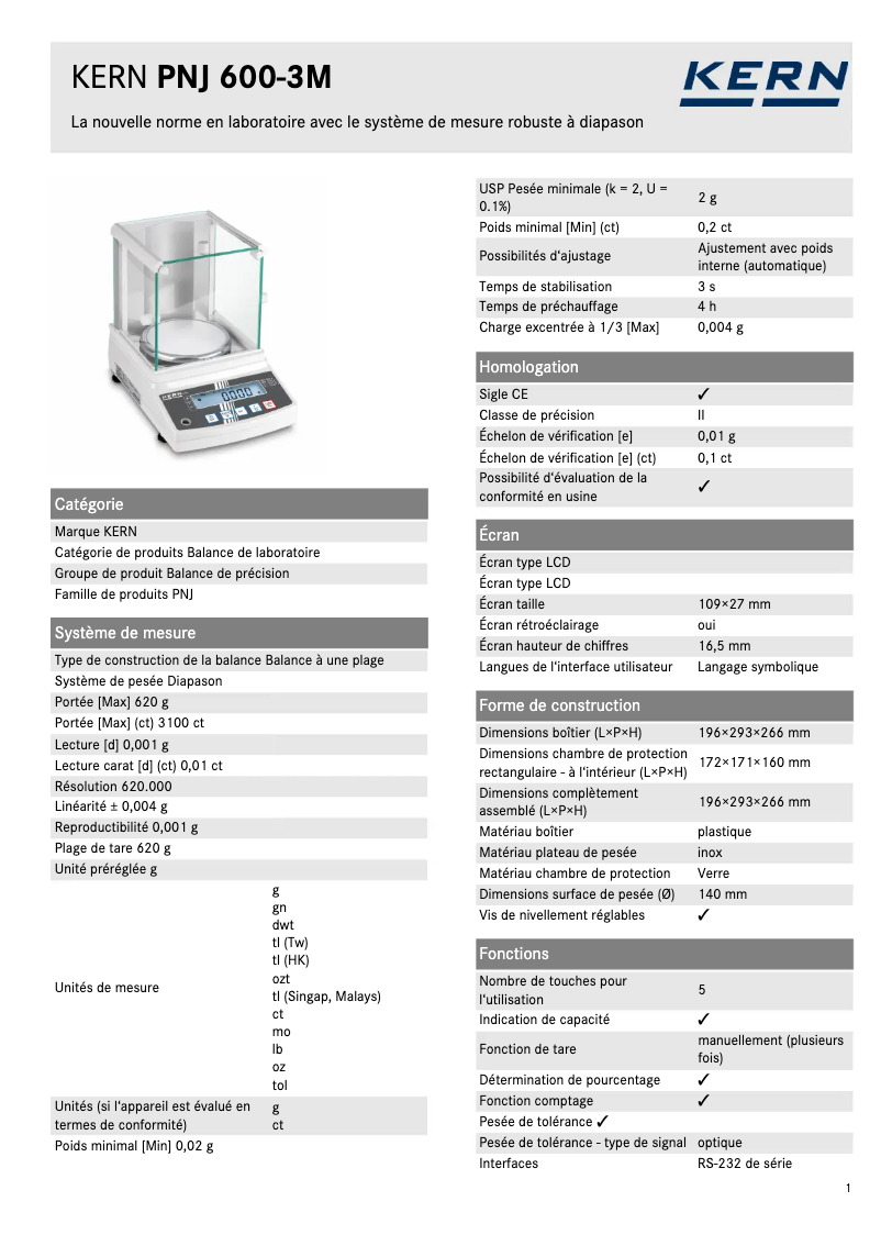 Page 1 of the manual Technical Sheet Kern PNJ 600-3M