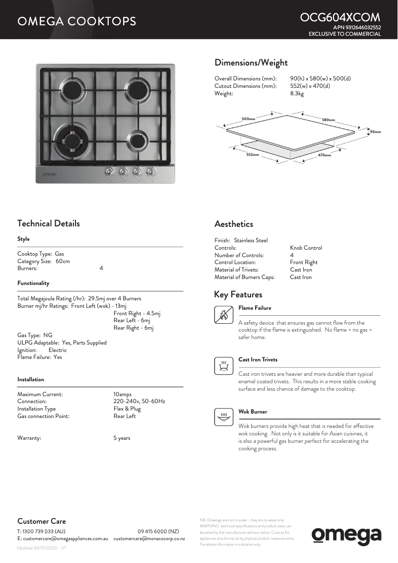 Page 1 of the manual Technical Sheet Omega OCG604XCOM