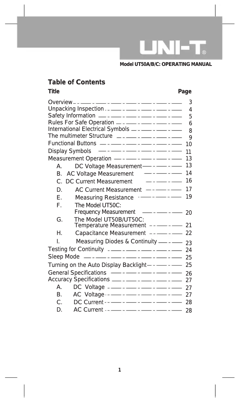 First page image of the manual for UT50B