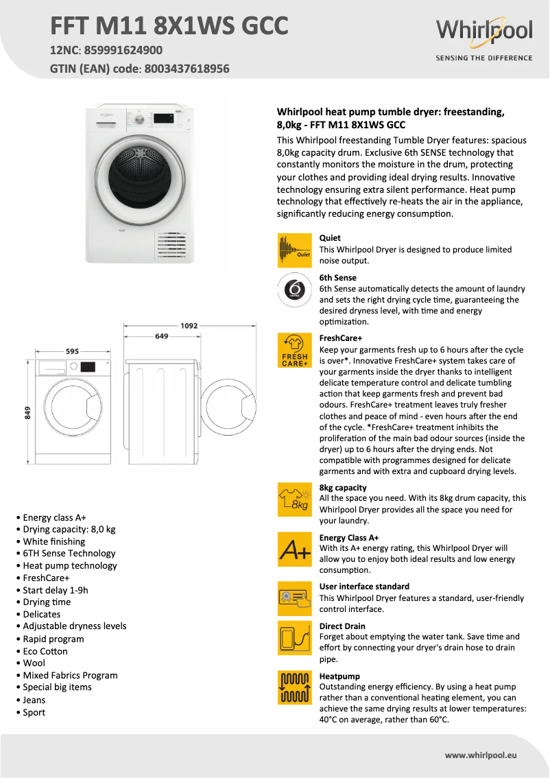 Page 1 of the manual Technical Sheet Whirlpool FFT M11 8X1WS