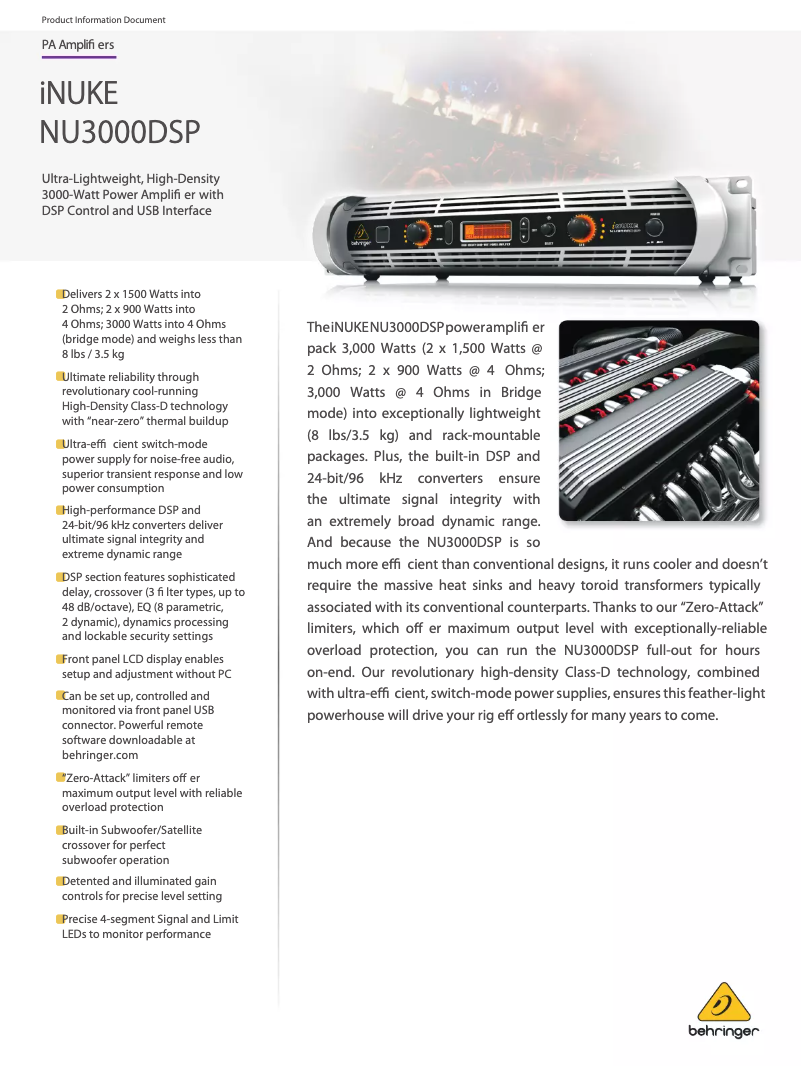 Page 1 of the manual Technical Sheet Behringer NU3000DSP