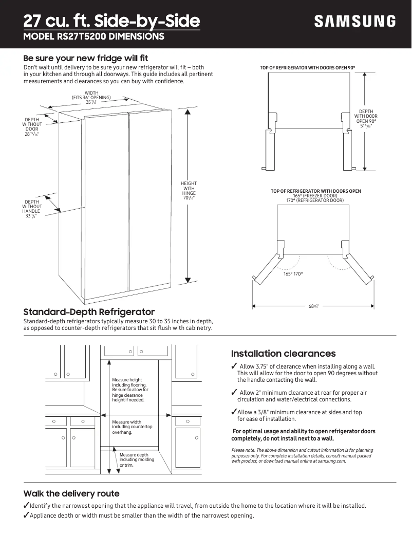 Page 1 of the manual Measuring Guide Samsung RS27T5200WW