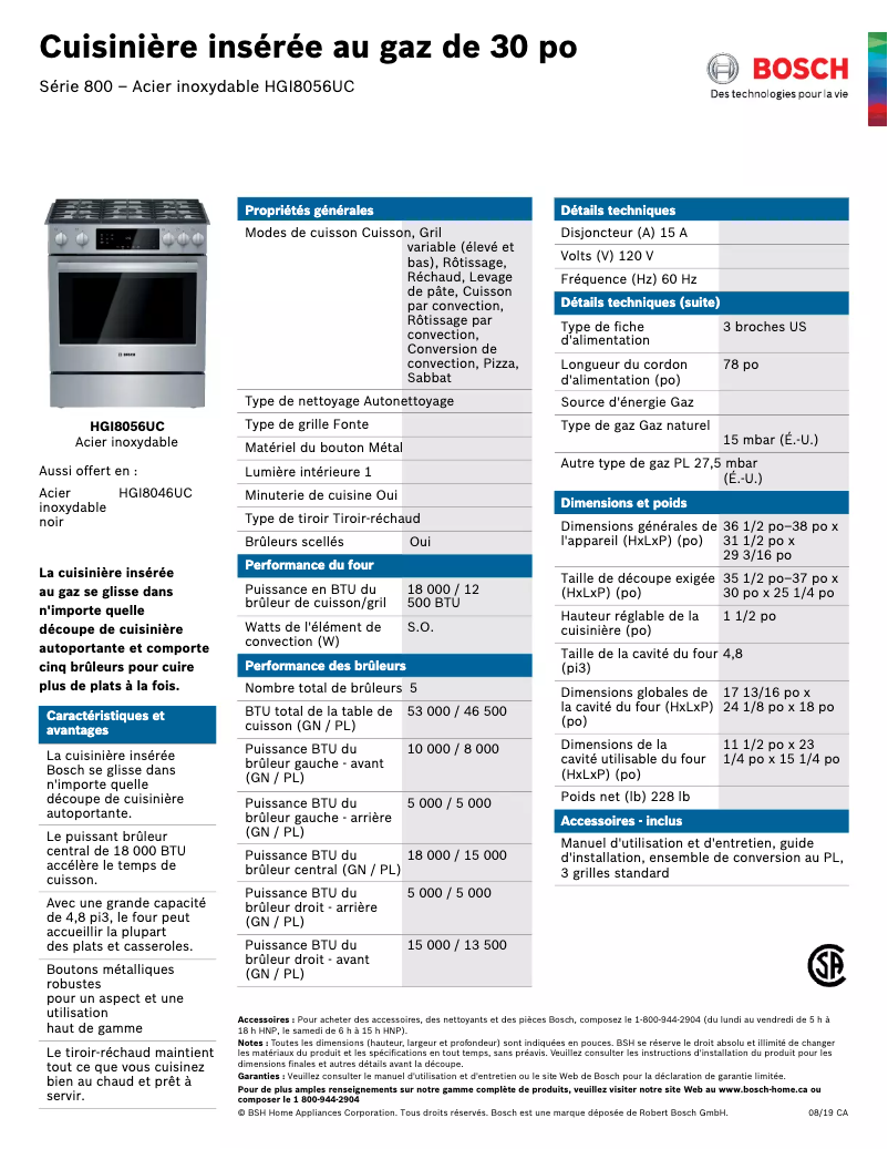 Page 1 of the manual Technical Sheet Bosch HGI8056UC